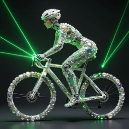 woman riding made of precious stones, futuristic , very detailed, dramatic green laser lighting, detailed mechanical hands,  electrical  details, high details, 4k, 8k, trending on artstation, by  wayne barlowe and Hajime Sorayama and Boris Vallejo