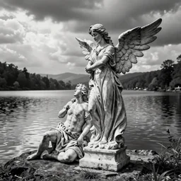 a statue of a fallen angel next to a lake, black and white photo