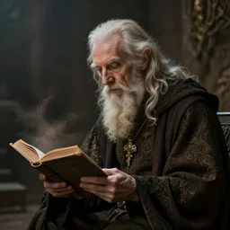a 1 3 th century, enigmatic, melancholic, fae wizard ( look like ( ( eighty years old christopher lee ) ), is ( ( reading an old book ) ). light dust, magnificent, hyperdetailed, theatrical, painted by florence harrison