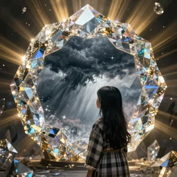 a young girl with long black hair and chequered!! robe!! is watching a storm inside a symmetrical fantasy crystal. atmospheric, 4 k, highly detailed. surrounded by golden rays of light