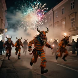kodak portra 4 0 0, 5 0 0 mm tele lens, f 1. 2, long exposure time, award winning dynamic vivid atmospheric photograph of running chasing jumping hazardous horde of krampus, by robert capas, in muted colours, striped orange and teal, motion blur, on a street in salzburg at night with colourful exploding pyro firework and torches, fog