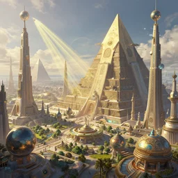 an futuristic solarpunk city with temples with a giant pyramids and orbs 8 k highly detailed hyperornate by marc simonetti and caspar david friedrich, trending on artstation