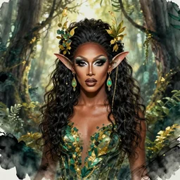 brown - skinned gorgeous kelp forest fae themed drag queen. backlighting, depth of field, 4 k, ink wash and gold leaf by award - winning portrait artist