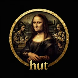 hut logo with people inside in the style of Leonardo da Vinci, black background, occult
