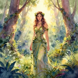 a beautiful vibrant mixed pastels and watercolors painting 3 d of a pretty female druid slightly covered by vines in a lush overgrowing forest under bright godrays at sunset, lomo effect, cgsociety # conceptart cg, # oc, by vanessa lemen by charlie bowater by jeff easley