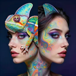 symmetrical portrait of a psychedelic colorful woman-chameleon, detailed fractal skin, Johanna, Martine, Alex Grey, beautiful eyes, modern art, 4k