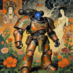 composition gothic of and futuristic, warhammer, cyber armor, scars, storm, blue head, orange, green, mouldy juice, many mech flowers, the middle ages, highly detailed, artstation, in the style of moebius, jugendstil and classic japanese print, psychedelic, art by jean delville, vanessa beecroft, anka zhuravleva