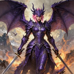 full portrait, solo character, an alluring dragon hunter, female, intricate purple armor, dragon themed, ornamental, sprouting wings, dark brown skin, short pink hair, swords, battle pose, a background composed of mountains and fire and snow and flying small creatures behind, boudoir, highly detailed, extremely detailed face, high fantasy, digital painting, by artgerm, greg rutkowski, alphonse mucha