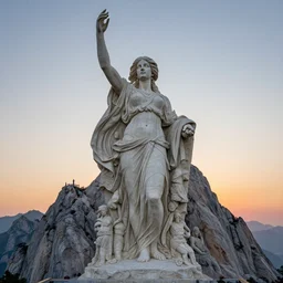 an ultradetailed colossal magnificent mountain sized sculpture of an elegant woman, fine detail, sunrise on the horizon in the background, stone hand raised up, 8 k, art by greg rutkowski and alphonse mucha and andreas rocha and albert bierstadt