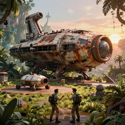 a huge futuristic rusty abandoned old alien spaceship, next to it a smaller exploration vehicle on a landing pad, surrounded by a lush alien jungle, in the foreground two explorers are arguing, sunset, volumetric light, hyperdetailed, artstation, cgsociety, 8k