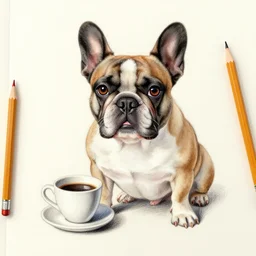 french bulldog with a coffe cup pencil drawing