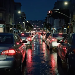cars waiting for traffic light in san francisco at night, taillights, puddles, reflections, wet street, ling on the road. pedestrians, filmic, photojournalism, shot on 7 0 mm