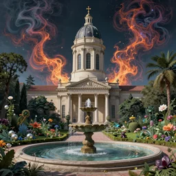 Neoclassical tower with dome, next to a fountain and a mystical garden. By (Rembrandt painting(100)(fractal flame)), psychedelic, mech, pearlized, spot lightnings, highly detailded