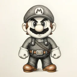 chibi the witcher mario, pencil art on paper, highly detailed, looking defiantly at the camera, front!!, front look!!, mario face!!, geralt body!!, nintendo style!!, caricature, funny, witcher outfit!!