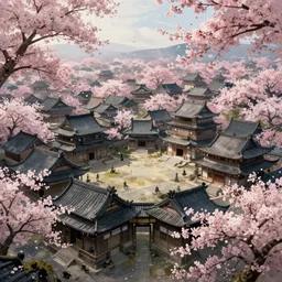 old empty samurai city surrounded by sakura trees, matte painting, digital art, artistation