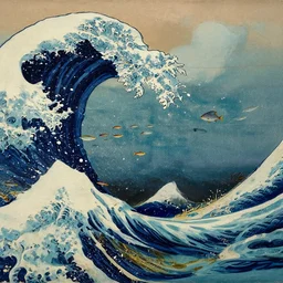 paint swirls on canvas overlaid over a wood block print of an ocean filled with tropical fish, toned, cinematic, post - processing, by hokusai and utagawa and ohara koson and thomas kinkade. white paint spatters and dry brush oil paint accents.