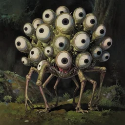 horrible creature with many eyes and thin legs by miyazaki, anime