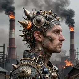 a profile portrait of man, industrial burning smokestack accents, pollution, character portrait, facing right!!!, ultra realistic, wide angle, intricate details, the fifth element artifacts, highly detailed by peter mohrbacher, hajime sorayama, wayne barlowe, boris vallejo, aaron horkey, gaston bussiere, craig mullins