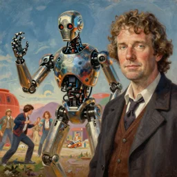 landscape, realistic portrait beautiful painting from scene in terminator robot merged in stranger things fighting movie scene, hyperdetailed retrofuturism created by thomas kinkade and gustave courbet, fine draw, high detailed, fine lighting, smooth draw, no anomaly.