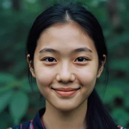 a ultra high resolution close - up of asian woman from tai tribe in lush green forest. 1 8 years old. korean idol. photo from the front. cute and beautiful woman is smiling and has eye contact with the camera. face is clear and symetrical. the light is dim, and the colours are muted. kodak etkar 1 0 0.