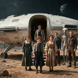 sharp, still from a sci fi blockbuster color movie made in 2022, set in 1860, of a family leaving a spaceship that has just landed on an alien planet, a humanoid alien stands nearby, the family are wearing 1850s era clothes, 4k, in focus, extremely good quality lighting, good quality photography, a list cast, famous actors, famous actresses