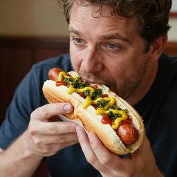 photo of david nekrutman eating a hot dog, mustard, ketchup, relish, 5 0 mm, beautiful photo