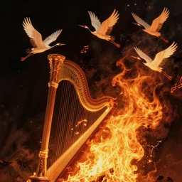 in the lower part of the picture is the harp burning in the fire, above are cranes flying in flames, the flying music symbol, digital painting, concept art
