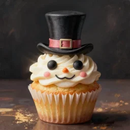A cupcake with a face and a top hat