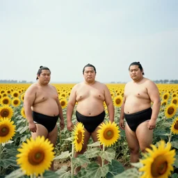 a few sumo wrestlers standing in a sunflower field, 3 5 mm photograph, faded colors, kodakchrome, canon ae 1