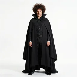 afro-haired vampire count in cape, cinematic studio photo, full body, standing, isolated on a pure white background, centered, whole figure in frame, sharp focus, studio lighting