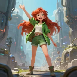 beautiful cute red haired joyful and playful nineteen year old young girl standing up in casual green clothing, long hair, cyberpunk city, rpg character, sci - fi, fantasy, intricate, elegant, digital painting, artstation, concept art, smooth, 8 k frostbite 3 engine, ultra detailed, art by artgerm and greg rutkowski and magali villeneuve