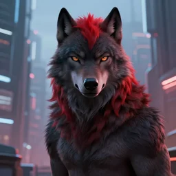 portrait of a anthropomorphic black male wolf with red hair in a futuristic city, hyper detailed, digital art, trending in artstation, cinematic lighting, studio quality, smooth render, unreal engine 5 rendered, octane rendered, art style by pixar dreamworks warner bros disney riot games and overwatch.