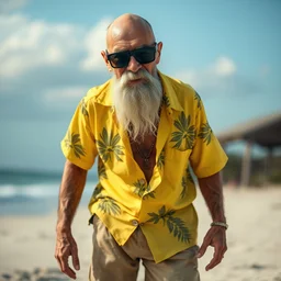 portrait of an old skinny ripped bald man with long white beard and mustache, in sunglasses and oversized yellow hawaiian shirt, shorts and flip - flops