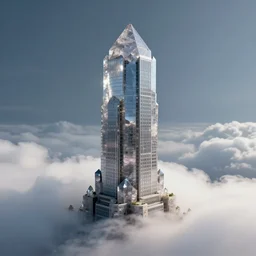 crystal quartz skyscraper resting on clouds, highly detailed, trending on artstation, symbolism, surrealism, art