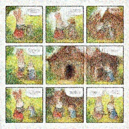 antromorphic rabbit and cat dressed in cottagecore living in a cottage, the rabbit has a vegetable garden and the cat is fixing the roof, comic book art style, pictures in sequence, storyboarding, speech bubbles