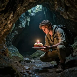 an adventurer finding a cake in a dark mysterious cave