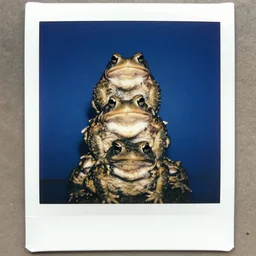 stacked toads, blue, polaroid photo,
