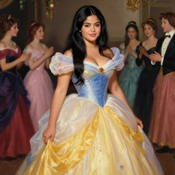 beautiful thirty year old woman with long black hair, tan skin, curvy hourglass figure, round cute face, slightly resembles selena gomez wearing a colorful disney princess gown at her birthday party. beautiful painting by artgerm and raymond swanland and bouguereau and lois van baarle
