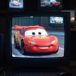 lightning mcqueen from cars sticking his head into a computer, from 1 9 8 5, bathed in the glow of a crt television, crt screens in background, low - light photograph, in style of jun takahashi