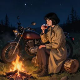A girl with short black hair and green eyes in a tan trenchcoat sitting on a log and drinking tea by the campfire by her motorcycle at night under the stars, evocative, mystical night, very very very very detailed, award winning, masterpiece digital painting by Greg Rutkowski, Alex Grey, artstation, 4k wallpaper