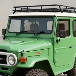 closeup of a green Toyota Fj43 build in 1981, black roof, with a roof rack, detailed, by Leonardo da Vinci, 8K, octane render, 8K,