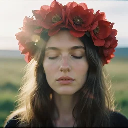 An analog head and shoulder frontal face portrait photography of a woman wearing a big red flowers crown by Flora Borsi. Long soft hair. eyes close. Kodak Color Plus 800 film. Icelandic mood. detailed. hq. realistic. warm light. muted colors. lens flare. Glare and bloom. photoreal. Medium format photography. Rembrandt light mood. Golden hour. Leica M9.