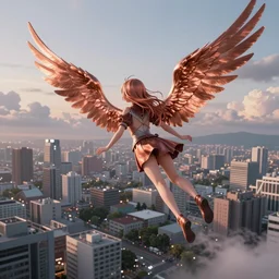 anime girl with copper wings flying over a city, modern, high angle, view from behind, extremely detailed, dusk, clouds, sky, town, buildings, beautiful,
