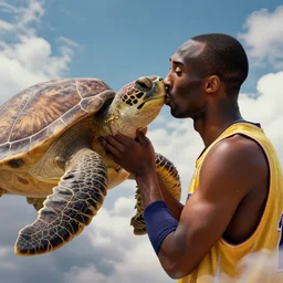 kobe bryant kissing with a giant turtle in heaven, hyper realistic, cinematic, side view, digital art, amazing detail, artstatiom, cgsociety, epic art