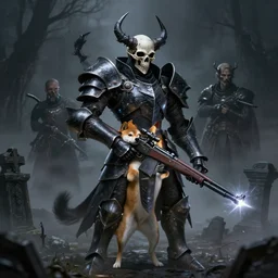 berserk skullknight daedric armor, anthropomorphic shiba inu, holding rifle, stuning 3 d render, masterpiece, glowing black aura, foggy dark graveyard, by donato giancola and greg rutkowski and wayne barlow and zdzisław beksinski, realistic face