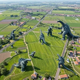 top view of a dutch landscape inhabited by kaiju monsters