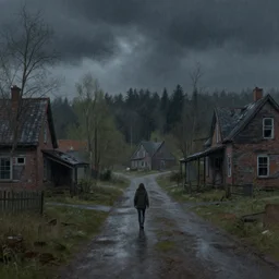 i walk through dilapidated fallout 5 holland, rural town, desolate street, dilapidated country houses. forest in background, volumetric lighting, rain, spring night, dark overcast weather, realistic illustration, perfectly shaded, soft painting, art by krenz cushart and wenjun lin