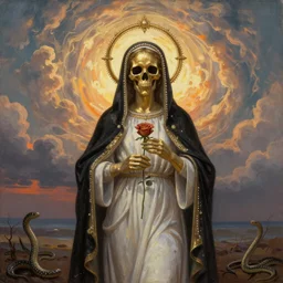 oil painted golden metalic woman with skull face, wearing white and black virgin mary robe with an aureola made of gold and pearls over the head, holding a rose in a hand, with warm backlight behind a whirlpool of clouds forming acircular background. sunset light. beneath there's a barren land with serpents. apocalyptic. low angle.