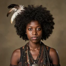 very old portrait of young black american warrior woman with afro, feathers in hair, hyper realism, photo real, photographed by thomas easterly, full frame,,