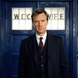 dslr photo portrait still of hugh laurie as doctor who in front of the tardis, 8 k, 8 5 mm f 1. 4